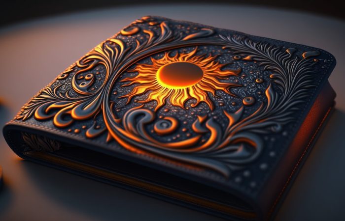 Leather brown wallet with a flaming burning sun in the middle solflare