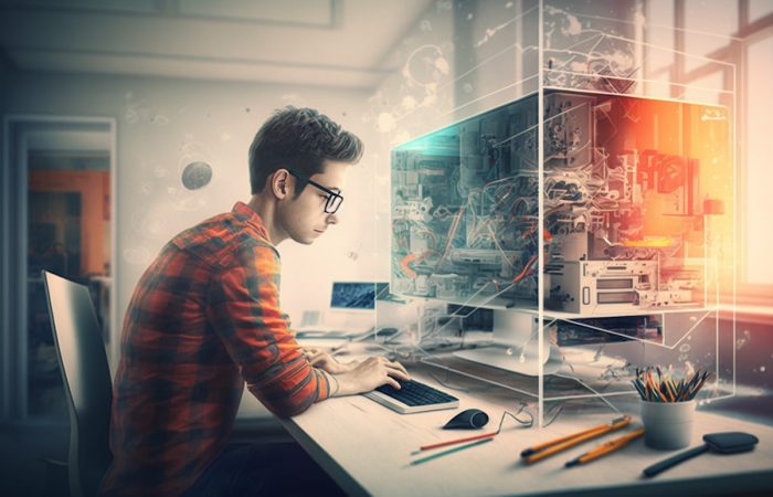 young men behind futuristic computer in light room