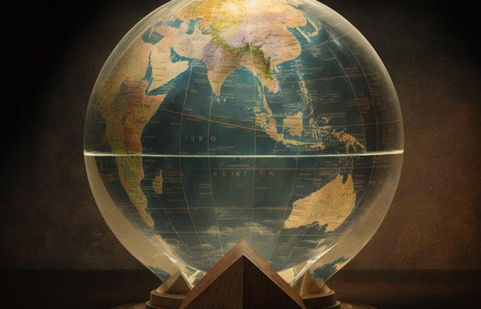 small globe on a wooden holder in a glass bowl with an old looking style globe