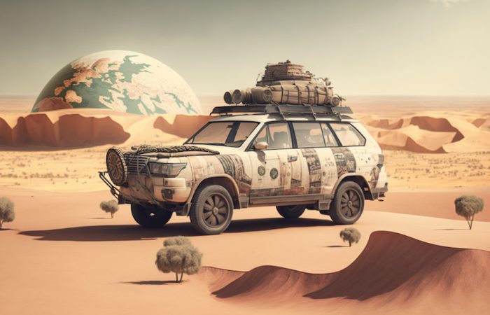 brown colored sub driving through the desert with suitcases on to the roof and half a globe sticking out the ground in the background