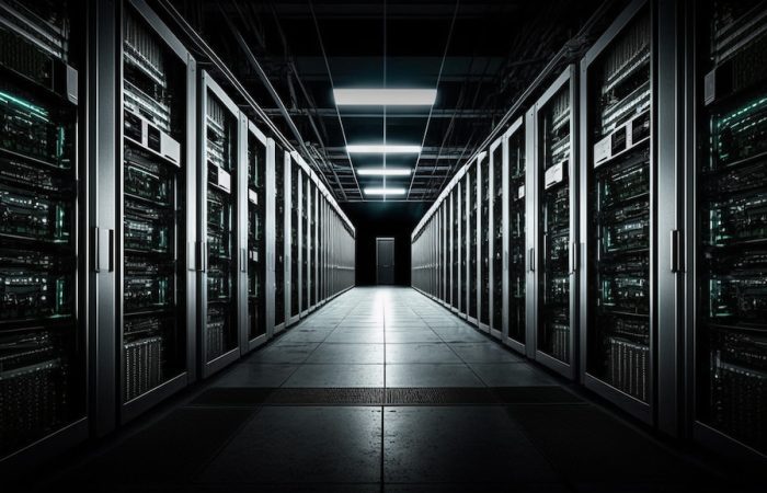 Grey datacenter hall with servers