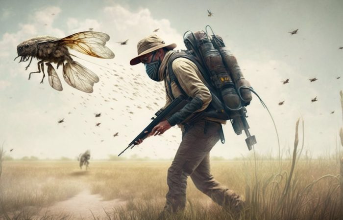man walking through desert with gun in his hnds and a huge bug looking like a fly in the background