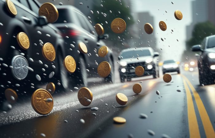 crypto currency falling out of the sky on the road
