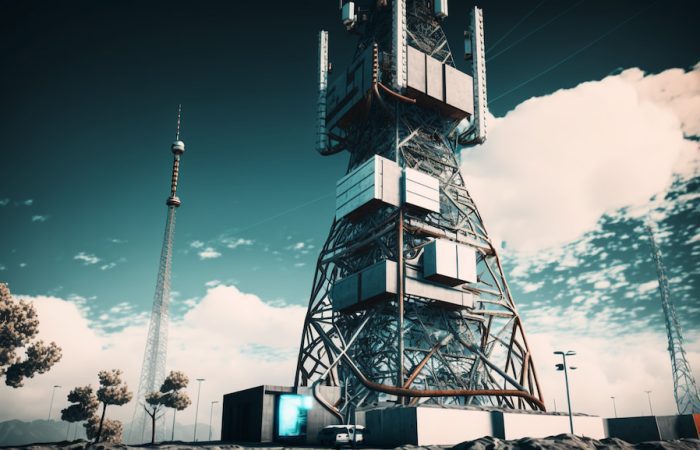 futuristic telecom tower in big open field with trees