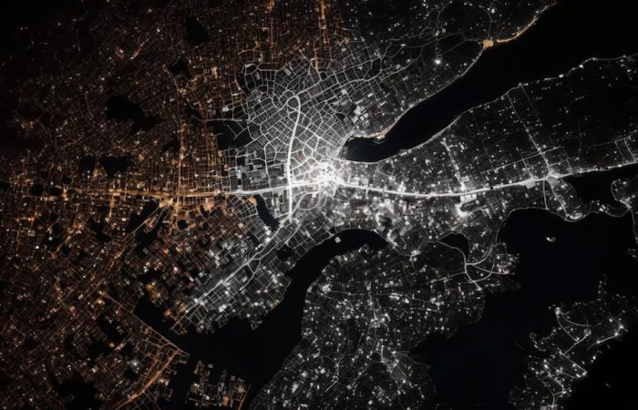 satellite picture from out of space of a city at night with lots of city light year 2010 super zoom