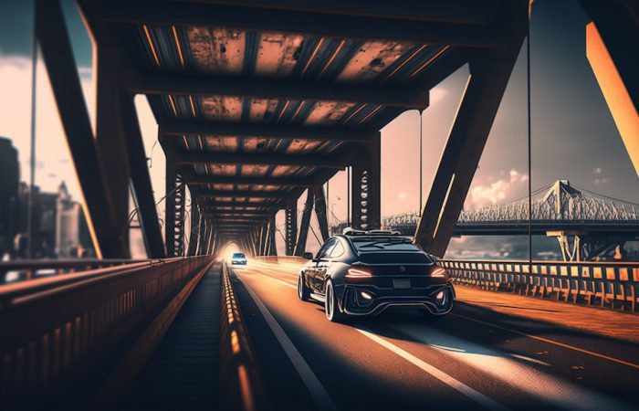 Futuristic bridge with a car driving through the middle.