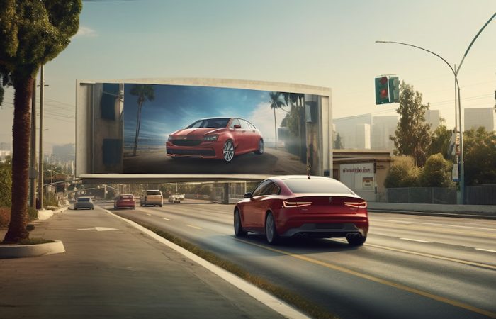 Red car driving on a relatively empty highway with a large billboard ahead, hinting at advertising.