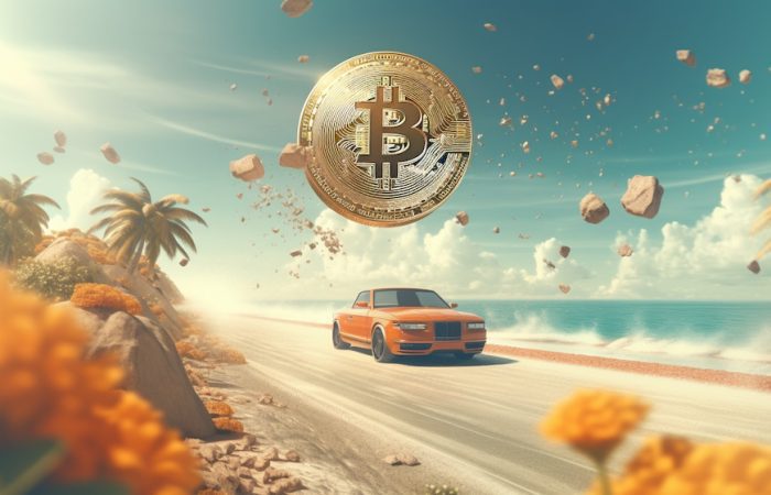 An orange car drives along a sunny beach, framed by palm trees and mountains. Strangely, rocks fall from the sky, adding surrealism. Above the car, a Bitcoin symbol hovers, signifying the opportunity to win free bitcoin while driving.