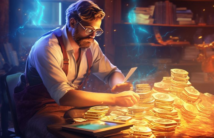 Craftsman seated in an old-school office, surrounded by books, counting golden crypto coins earned for free on the table before him.