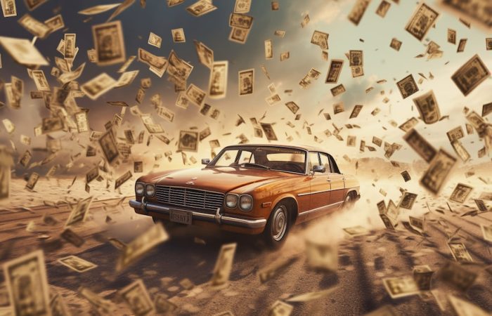 Vintage car cruising through a barren desert landscape while cascades of dollar bills gracefully rain from above.