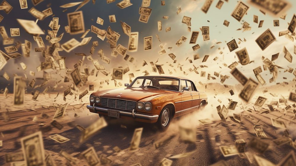 Vintage car cruising through a barren desert landscape while cascades of dollar bills gracefully rain from above.