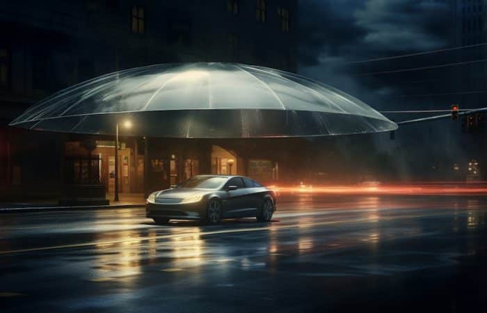 Car traveling on a sunlit road, protected by an umbrella from a strong beam trying to access the vehicle's data.