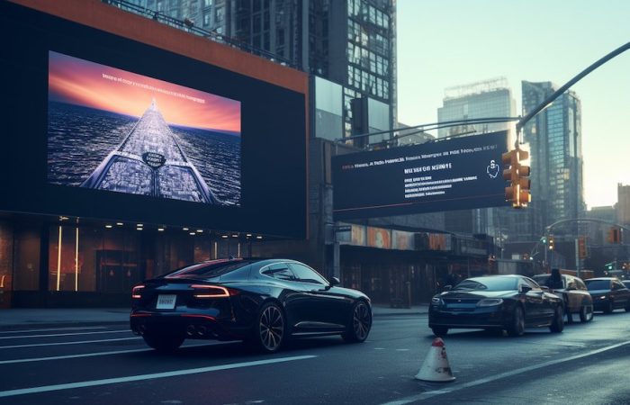 A sleek, midnight-black sports car reminiscent of an Aston Martin glides through the bustling city streets during the twilight hours. Alongside the car, a towering billboard catches the eye, its vibrant display showcasing a captivating advertisement for a prominent cryptocurrency.