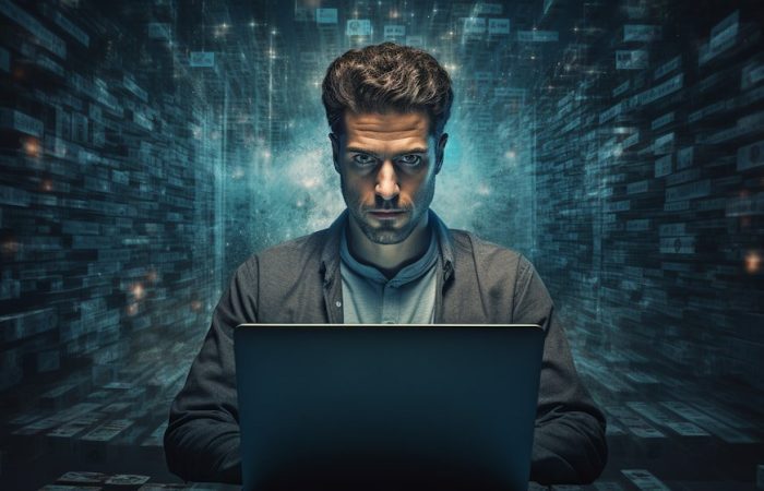 Man looking directly into the camera from behind his laptop, with a hallway in the background filled with light blue blocks, suggesting the world of blockchain.