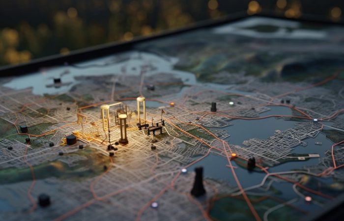 Pequeño mapa envuelto en oscuridad, superpuesto con cuerdas rojas que marcan las carreteras y pequeñas bombillas dispersas en diferentes puntos.