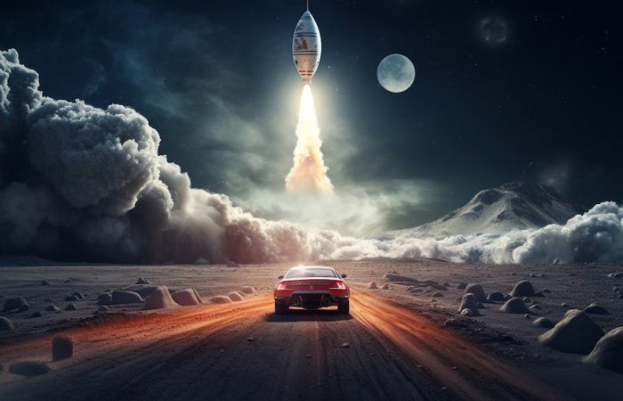 Coche conduciendo por una oscura carretera del desierto con un cohete despegando adelante, rodeado de nubes y emitiendo llamas. Sugiere el lanzamiento de una nueva función para la aplicación de navegación criptográfica.