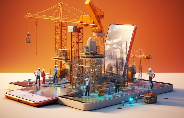 Miniature workers using cranes and tools to construct atop a smartphone, while surrounded by a real-life construction site, symbolizing the development of a web3 application.