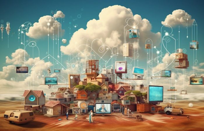 Landscape illustrating interconnected computers, vehicles, and houses through skyward lines and clouds, symbolizing the Internet of Things (IoT).