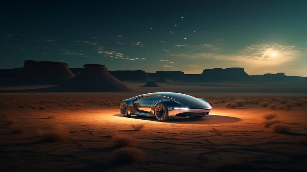 A sleek, futuristic-looking car stands poised in the center of a desolate desert landscape, bathed in the glow of a spotlight. The car's sleek, metallic body evokes a sense of speed and efficiency.