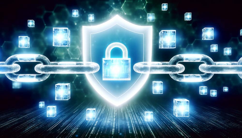 A symbolic depiction of blockchain technology protecting privacy, with a chain of glowing digital blocks surrounded by a translucent privacy shield.