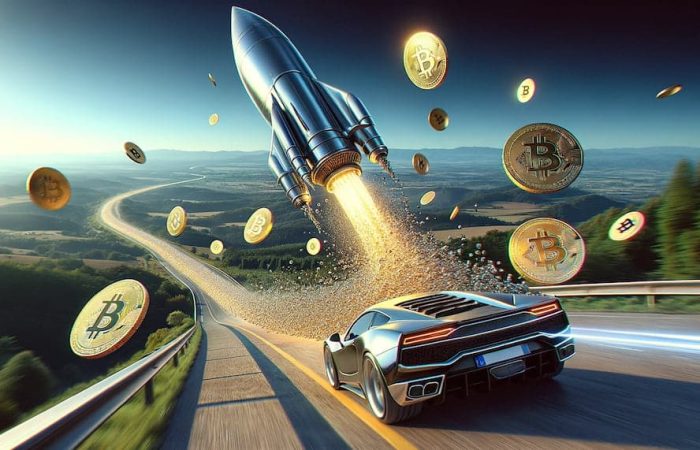 A sleek rocket flies high, dropping glittering Bitcoins. Below, a sports car speeds along a winding road, eager to catch the falling treasure.