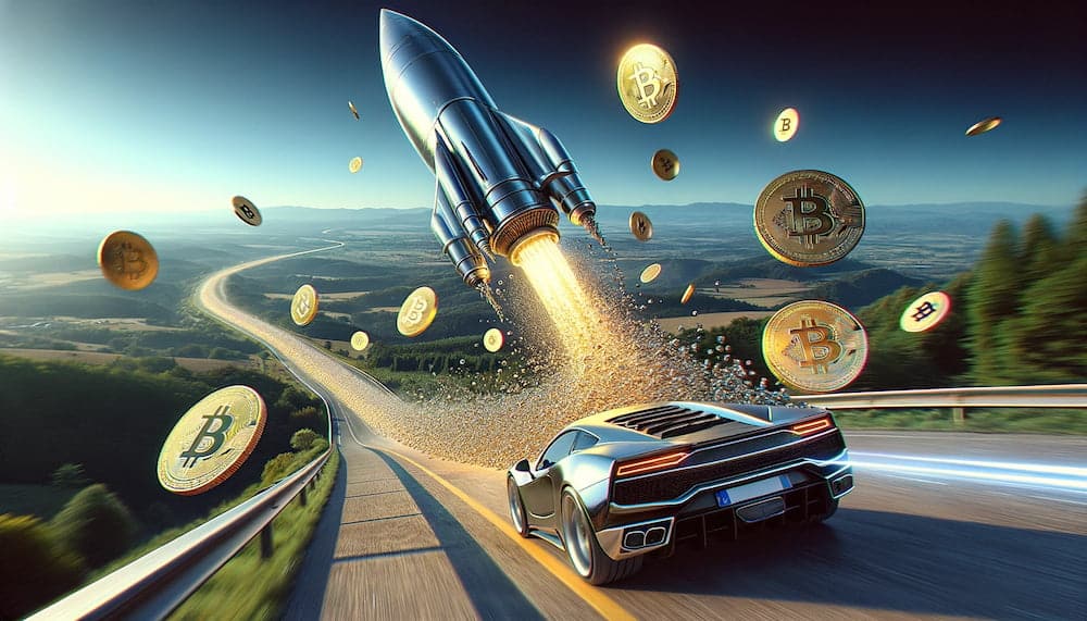 A sleek rocket flies high, dropping glittering Bitcoins. Below, a sports car speeds along a winding road, eager to catch the falling treasure.