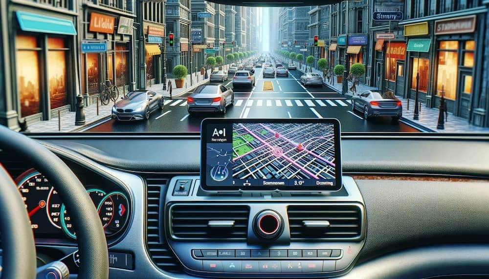 A view inside a vehicle showing a dashboard equipped with a screen that features an AI powered navigation apps, detailing travel routes and guidance. The steering wheel is prominently displayed in the lower part of the image.