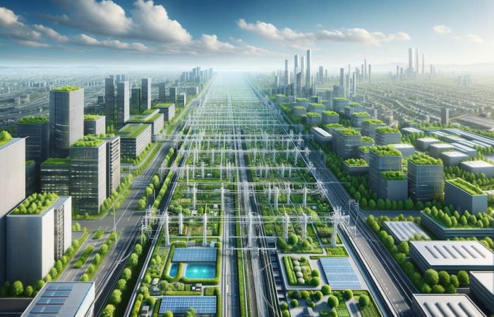 Decentralized Physical Infrastructure Network (DePIN)Project, featuring advanced data centers, wind turbines, solar panels, and interconnected cables and towers, set in a clear daylight environment.