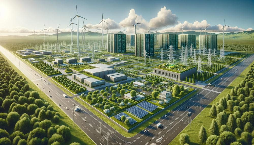 Futuristic and efficient DePIN Project, with high-tech energy and data distribution systems including renewable energy sources and networking infrastructure, captured in bright daylight.