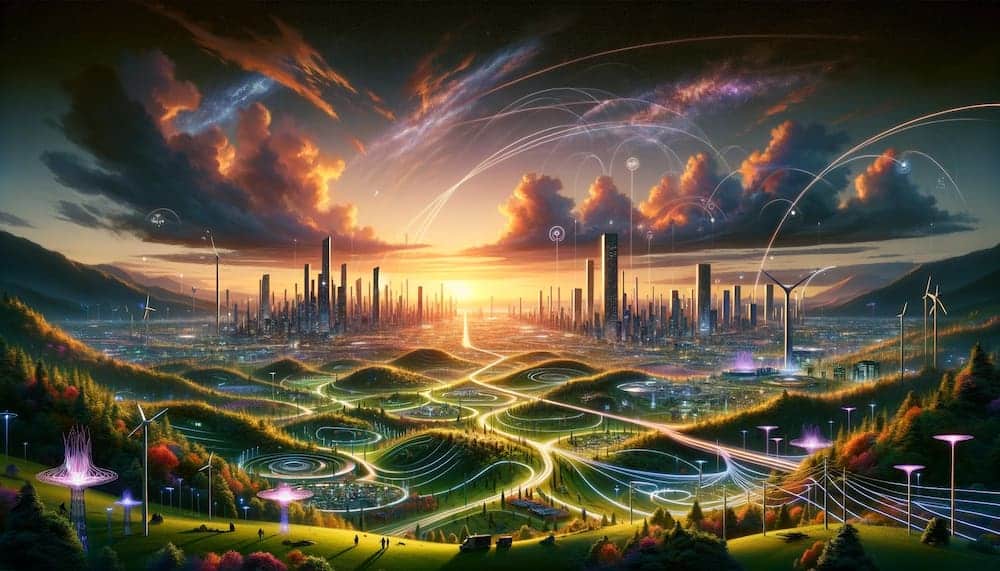 An expansive view combines advanced urban structures with natural elements, under a colorful sky showing DePIN projects