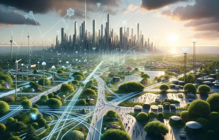 A vibrant landscape merges futuristic cityscapes with DePIN project illustration, and Pathways intertwine with greenery, leading to minimalist decentralized nodes and diverse buildings.