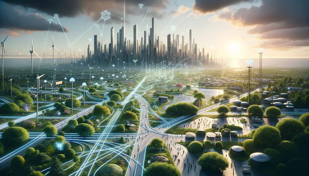 A vibrant landscape merges futuristic cityscapes with DePIN project illustration, and Pathways intertwine with greenery, leading to minimalist decentralized nodes and diverse buildings.