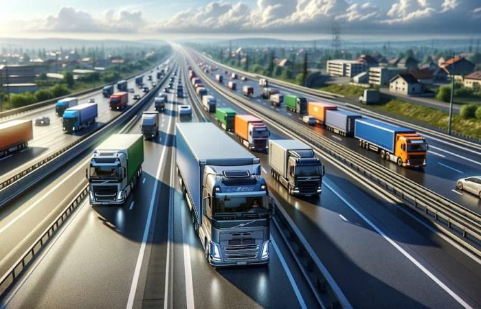 An image of the transportation industry, featuring several trucks of various colors and designs traveling on a highway.