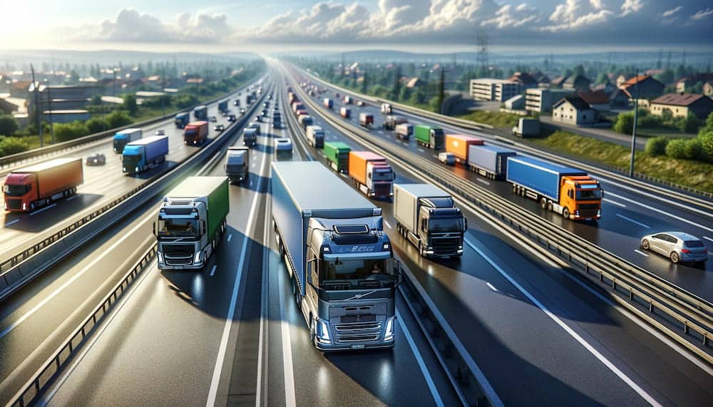 An image of the transportation industry, featuring several trucks of various colors and designs traveling on a highway.