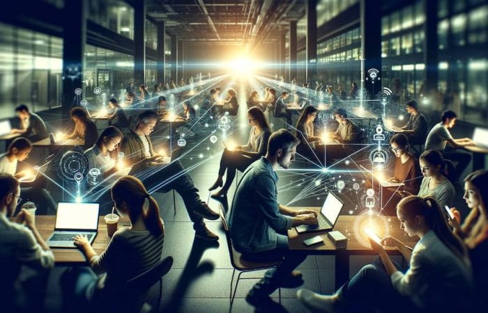 People in an urban setting using laptops and smartphones, connected by digital streams, symbolizing data crowdsourcing