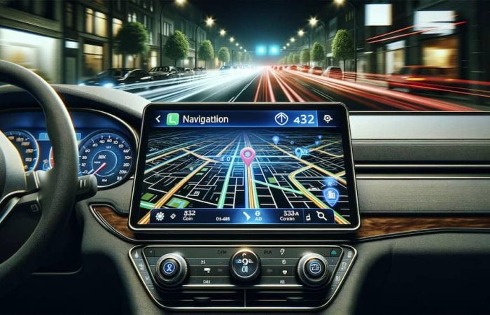 An image of a car's interior, showcasing a dashboard with a screen displaying an AI navigation apps interface, indicating routes and navigation data. The steering wheel of the car is visible in the foreground.