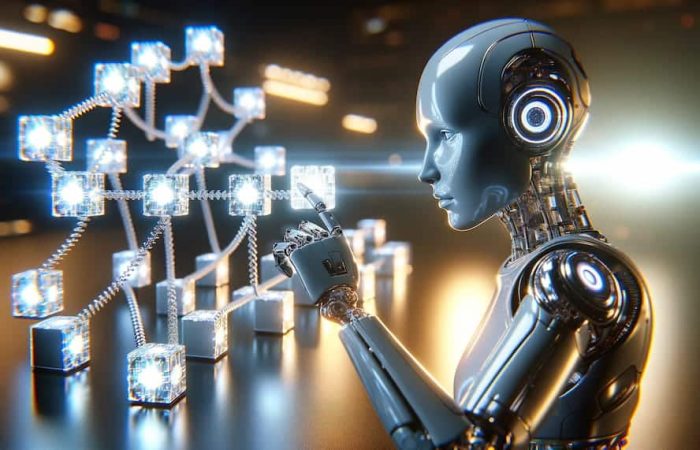 A humanoid robot, symbolizing AI and blockchain integration, meticulously examines a glowing blockchain network made of interconnected cubes. This futuristic scene merges advanced technology with the concept of blockchain.