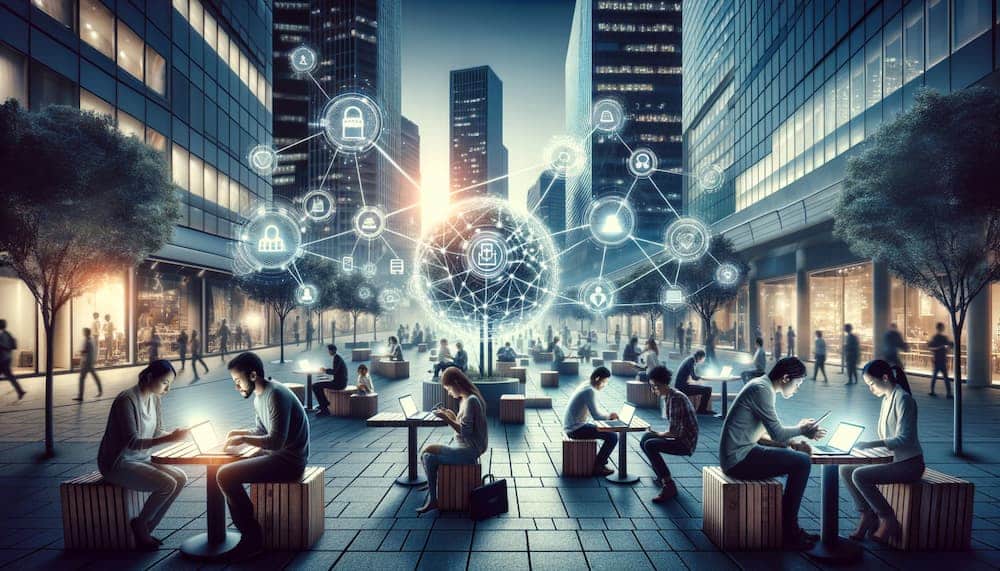 Individuals in a city engaged with digital devices, interconnected by glowing data connections, emphasizing a crowdsourcing in web3 network in clear daylight.
