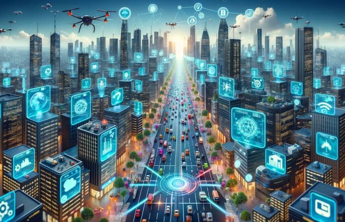 image depicts a futuristic cityscape where the Internet of Things (IoT) and Web3 technologies are seamlessly integrated. Smart buildings adorned with digital screens display real-time blockchain transactions, cryptocurrency values, and decentralized applications.