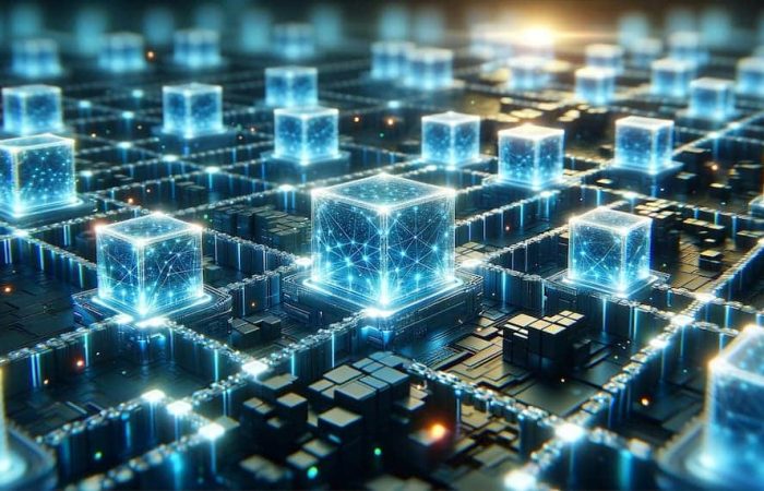 An image of modular blockchain network with vibrant, interconnected blocks on a dark blue, binary-coded background, highlighting its dynamic and ultra-realistic detail.