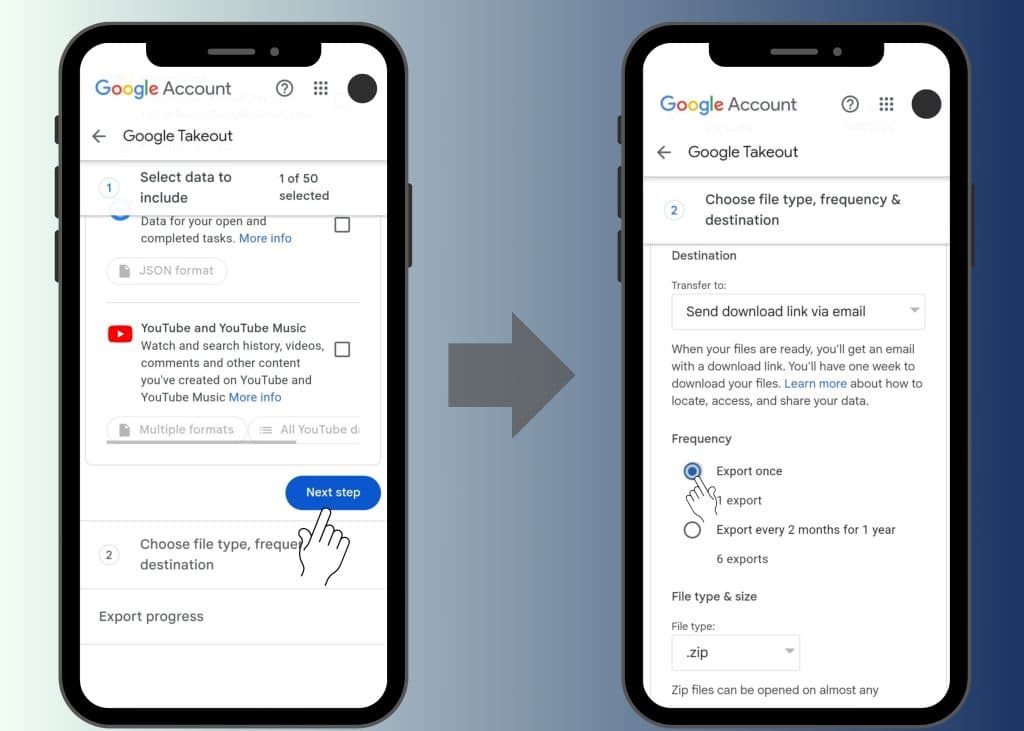 Screenshot sequence demonstrating the process of exporting saved places from Google Maps via takeout