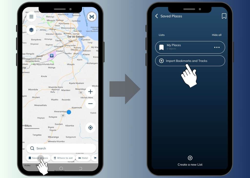 Screenshot sequence demonstrating the process of importing saved places from Google Maps to Mapametrics