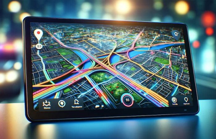 detailed navigation app interface on a modern touchscreen device, showing vibrant colors and clear map details such as roads and landmarks, with route directions and traffic updates.
