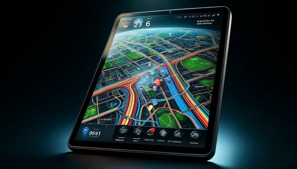 Sophisticated navigation apps are displayed on a sleek touchscreen tablet, featuring bright colors, detailed streets, and landmarks, enhanced with real-time traffic information and navigation routes.