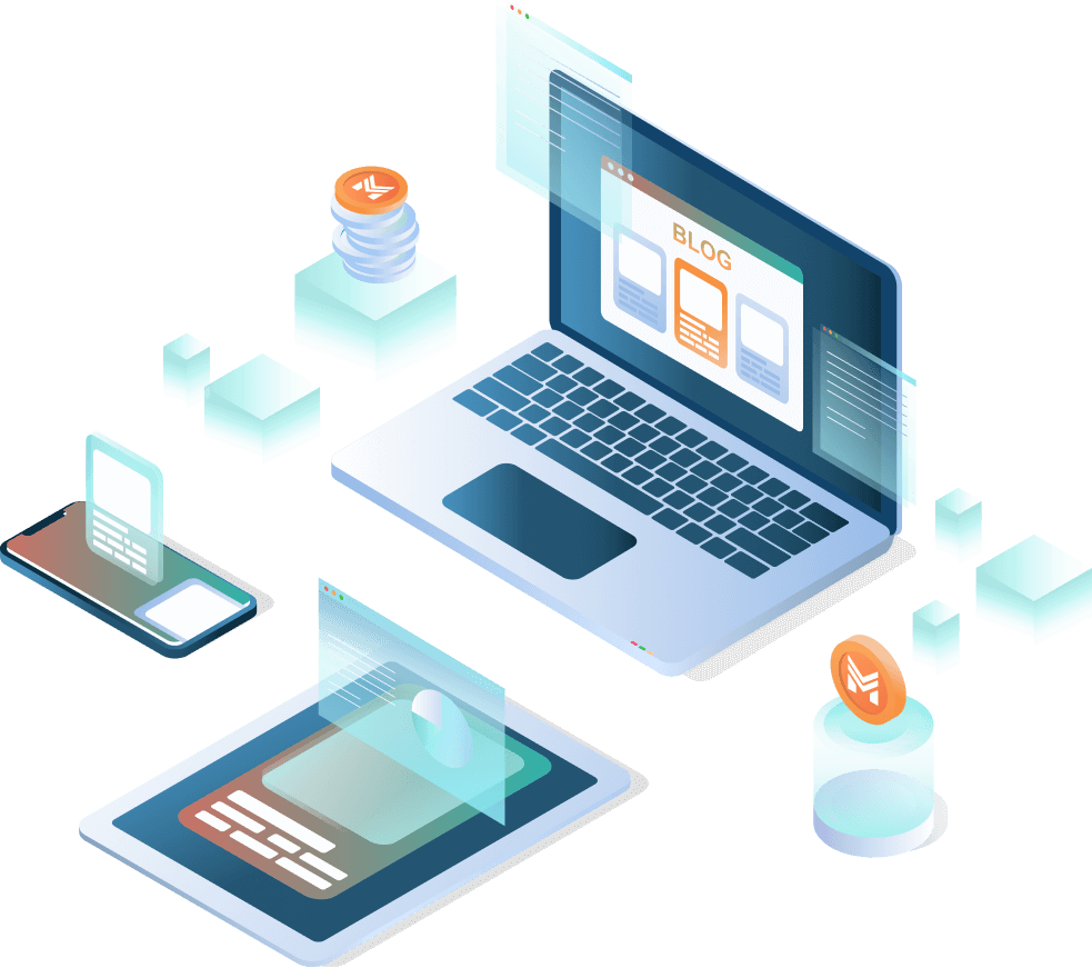 Isometric illustration of a technology-themed blog setup featuring a laptop with a 'BLOG' interface displayed on its screen, surrounded by blockchain elements, a tablet, a smartphone, and two stacks of MapMetrics branded coins. The devices and coins are floating above a dark background, emphasizing digital connectivity and MapMetrics' online presence.