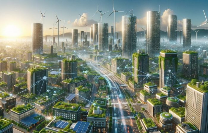 A vivid photorealistic depiction of an urban landscape featuring DePIN crypto projects, with interconnected nodes like solar panels visibly integrated into city infrastructure.