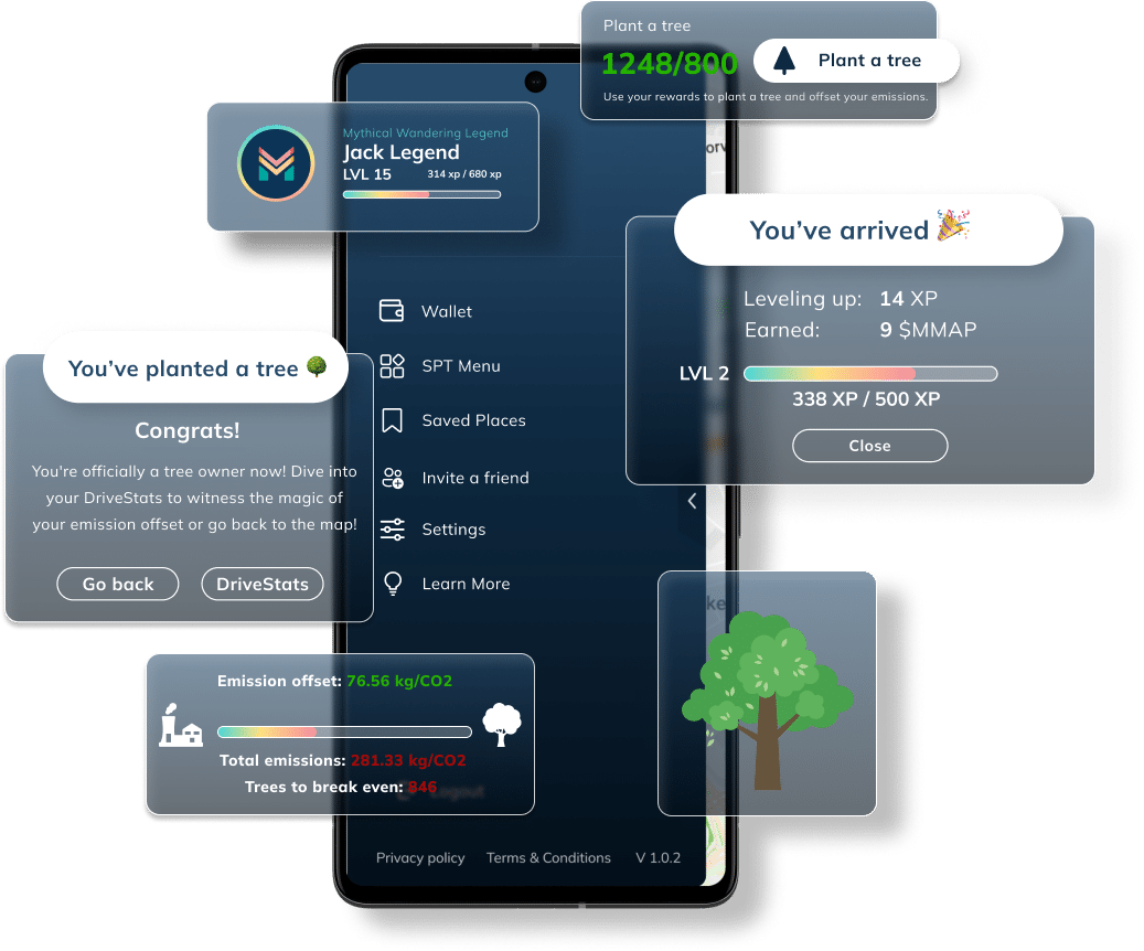 Скриншот функции Mapster Forest в MapMetrics показывает данные о посаженных деревьях, выбросах CO2 и устойчивом вождении в приложении.