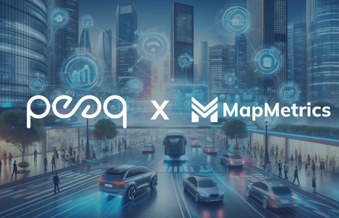 An advanced cityscape displays the integration of Internet of Things (IoT) and Decentralized Personal Information Networks (DePIN) focusing on mobility. The image includes autonomous vehicles navigating the streets, with transparent digital displays above them showcasing data flows and DePIN management, highlighting company names 'MapMetrics' and 'peaq'. Skyscrapers are equipped with sensors and IoT devices, glowing with dynamic lights, while pedestrians use mobile devices to connect seamlessly with city infrastructure. The setting conveys a vibrant, technology-driven atmosphere