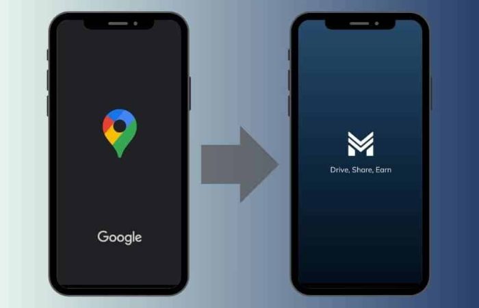 Side-by-side screenshots of Google Maps and MapMetrics app launches. Google Maps displays its logo and loading interface, while MapMetrics showcases its own logo and initialization screen. image includes the process of exporting saved places from Google Maps.