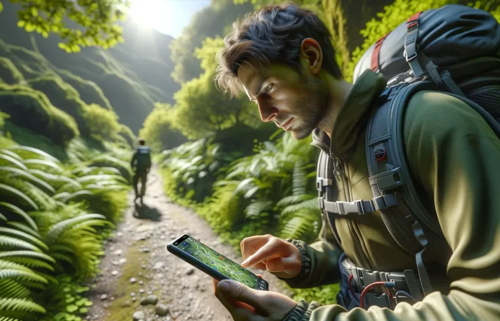 A close-up photo of a hiker on a green walking trails, looking at their smartphone as if reading a map. The hiker is wearing outdoor gear